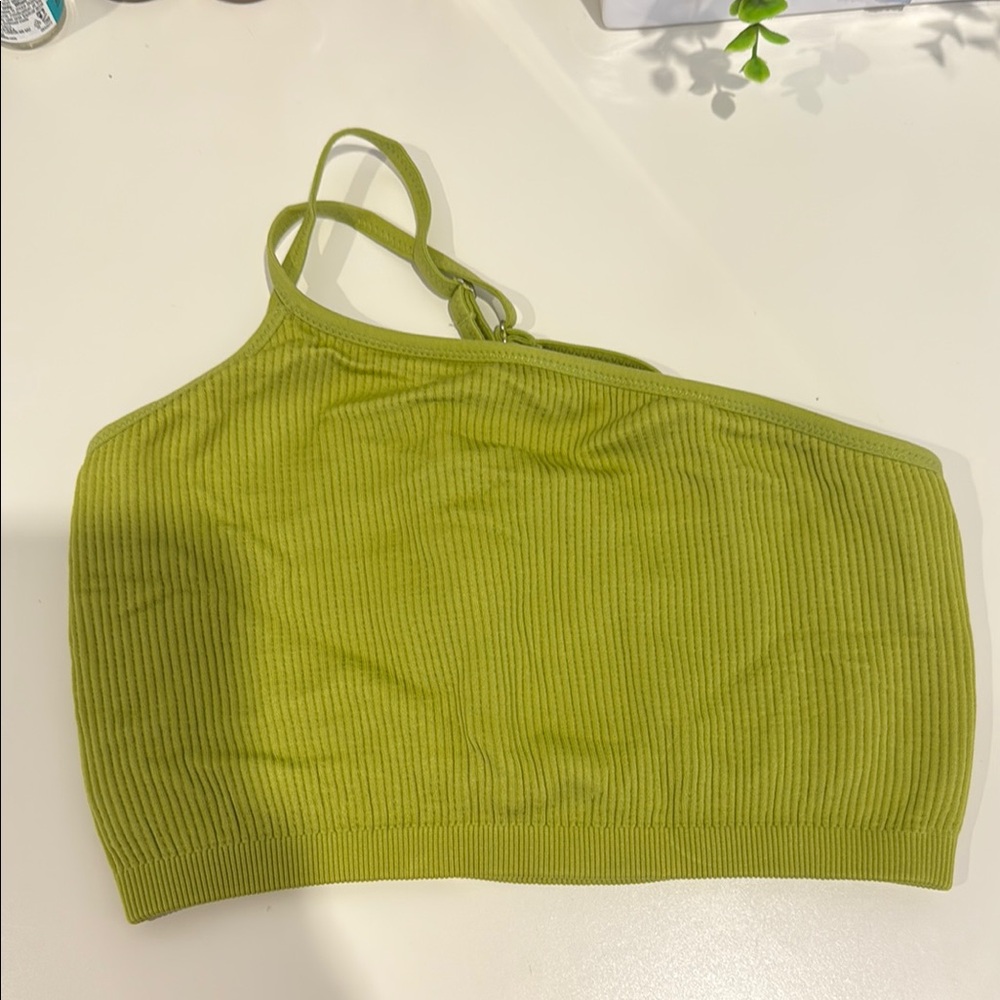 Green Ribbed One-Shoulder sports bra